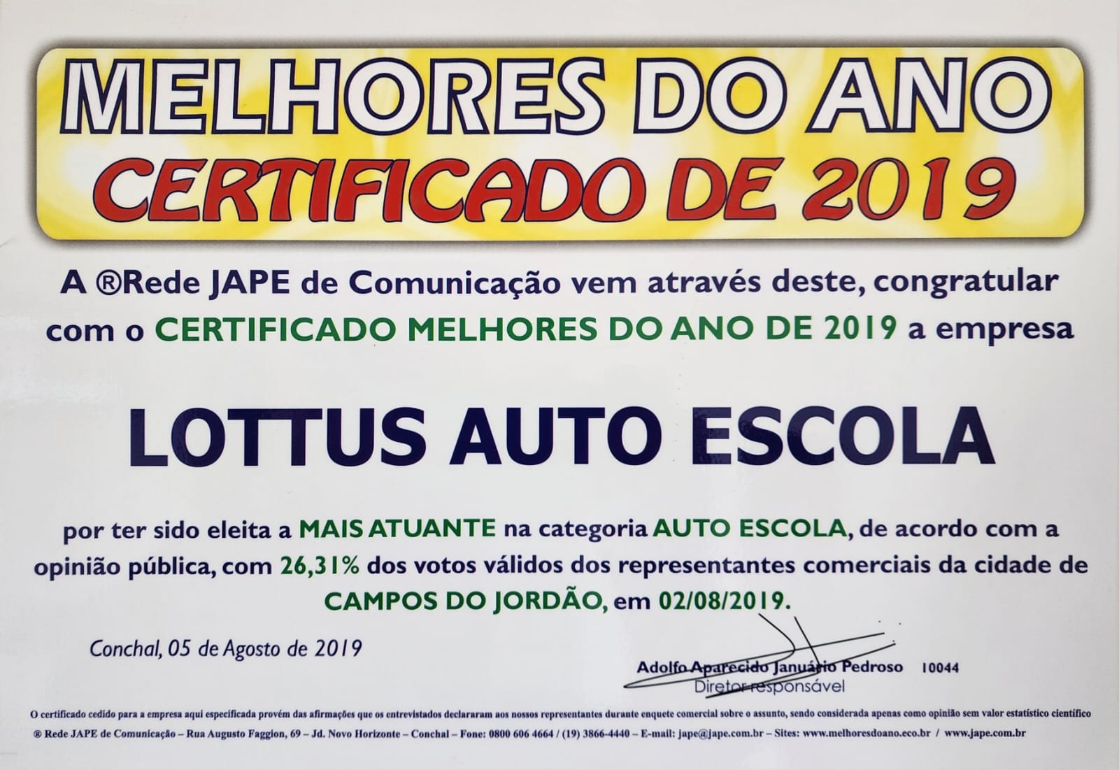 Melhores do ano Auto escola lottus 2019